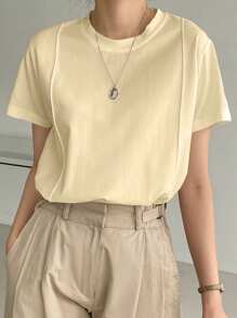 Dazy-Less Camiseta de manga corta para mujer, de unicolor, minimalista, de patchwork a rayas, para un estilo de negocios casuales - Amarillo - Ver 6