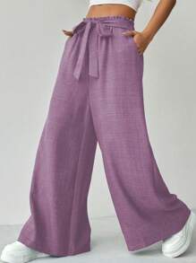 Zielony Pantalones casuales anchos y sueltos con cintura de corbata de unicolor para mujeres