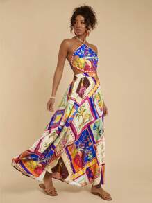 Travachic Women's Boho Maxi Dress: Sleeveless Halter Neck, Tropical Patchwork Print, Flared Woven Fabric, Knot Detail For Summer