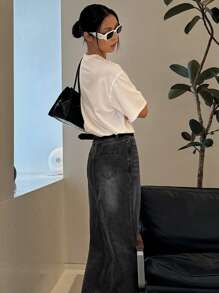 DAZY 做旧水洗褪色长款牛仔裙，带侧袋，适合女性，秋季服装，返校季服装，牛仔裙 - 深灰色 - 查看 2