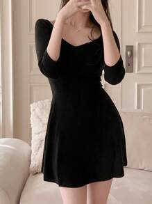 DAZY 女式七分袖修身腰喇叭公主迷你连衣裙，休闲女式连衣裙