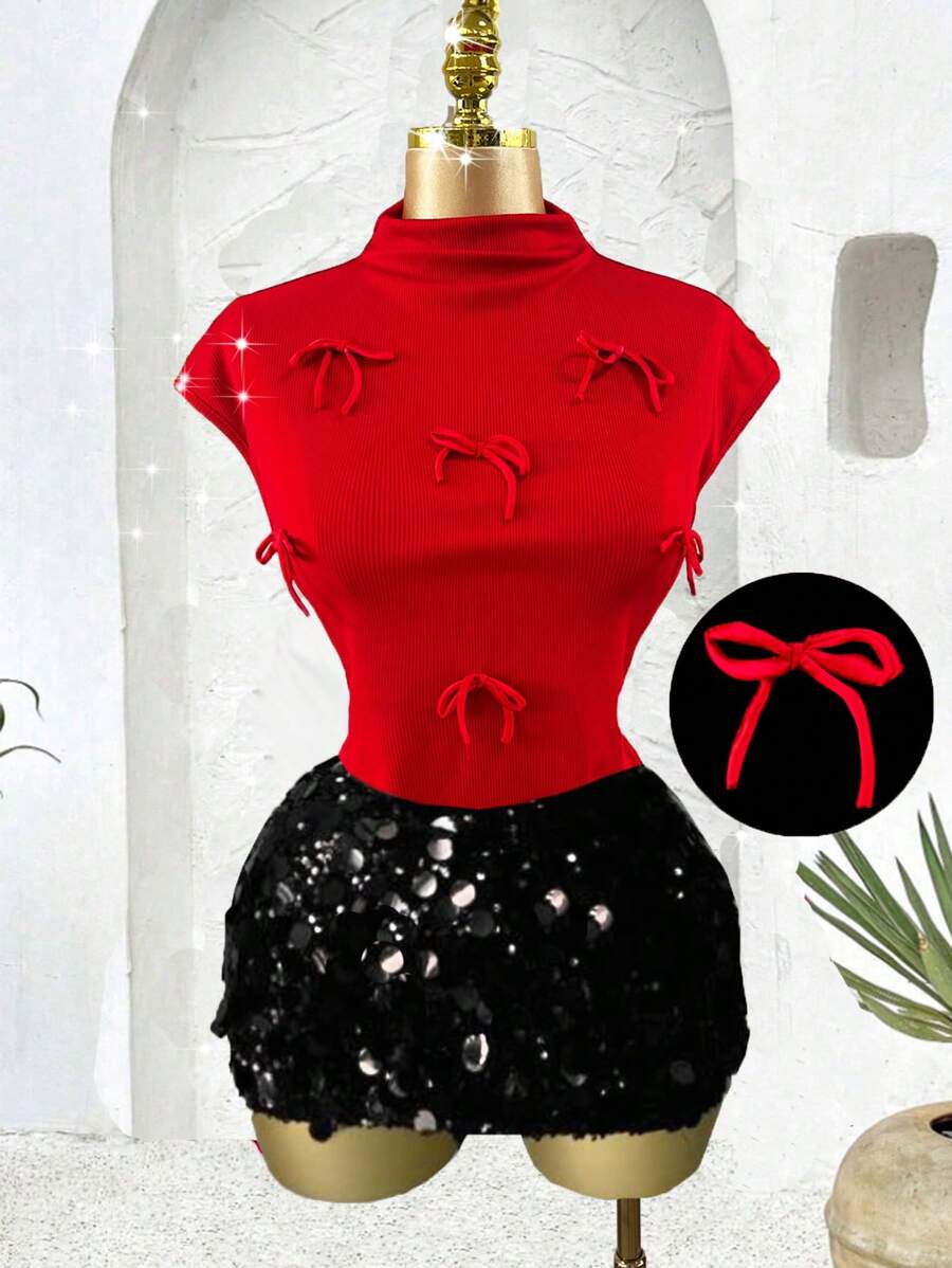 SHEIN Unity Women Plus Size Elegant Solid Color Textured Bow Decor Bodycon T-Shirt, Stylish Design For Music Festivals, Parties, Spring/Summer - Red - View 1