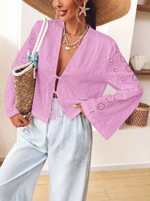 SHEIN VCAY 休闲纯色编织长袖前系带宽松女式衬衫 - 粉色 - 查看 3