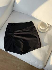 SHEIN EZwear 夏季服装 黑色纯色高腰开衩裙裤 - 黑色 - 查看 7