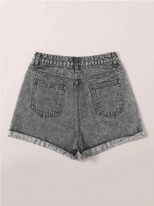 SHEIN EZwear Summer Rolled High-Rise Denim Shorts - Light Grey - View 2