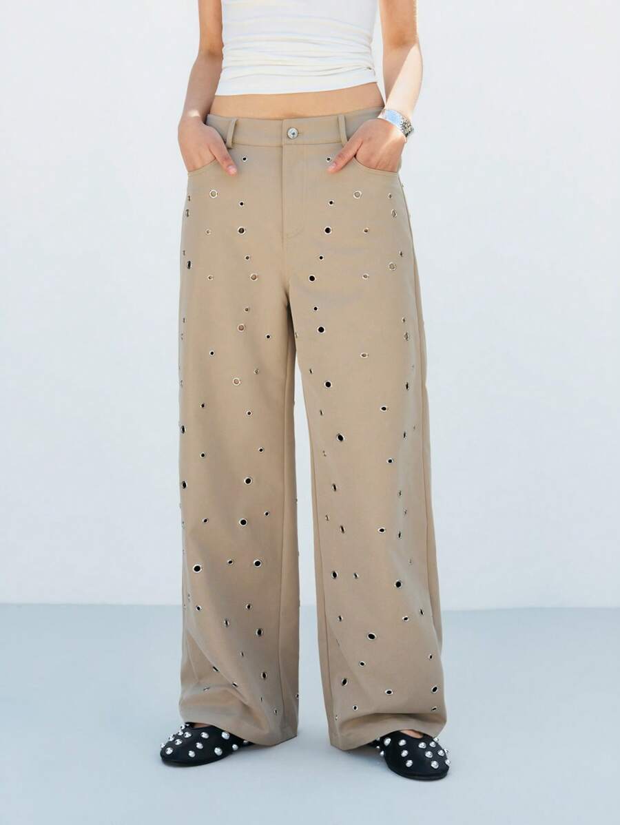 LYSMO Women's Loose Fit Wide Leg Eyelet Twill Pants