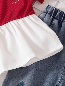 Baby Girls Korean Fashion Casual Cute White Collar Short Sleeve Knitted Patchwork Top And Embroidered Strawberry Washed Denim Long Pants, Summer Set - Multicolor - View 5