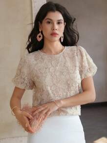 DAZY Blusa de mujer con cuello redondo, manga abullonada, textura floral y adornos de strass - Rosa - Ver 1