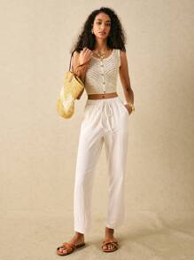 Poéselle Pantalones largos sencillos y básicos para mujer con bordado de patrón de ojo, pantalones blancos de verano, pantalones tipo zanahoria, un esencial chic sin esfuerzo