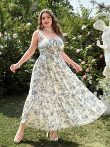 Lyrianda Plus Size Women Vintage Blue Ditsy Floral Top And Midi Skirt Set, Suitable For Vacation And Outdoor