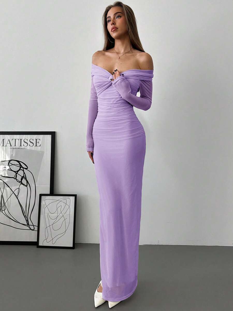 Aloruh Romantic Off Shoulder Mesh Twist Ruched Slim Fit Floor Length Dress With Long Sleeve For Women,Graduation Dresses - Mauve Purple - View 1