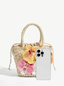 SHEIN ICON Bolsos de asa superior para mujeres, bolso de paja, flores, lazo de perlas, perlas, de moda, elegante, simple, personalizado, versátil, callejero, dulce y fresco para chicas, chicas calientes, Y2K, para playa, vacaciones, festividades, verano, orilla del mar