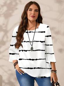 EMERY ROSE 大码女式休闲全身印花宽松圆领七分袖衬衫，春夏