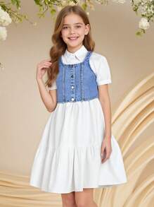 Denimly Tween Casual Urban Preppy White Collared Puffy Sleeve Short Sleeve Shirt Dress, Loose & Comfortable, With Denim Vest 2pcs Set - White - View 1