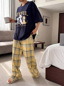 DAZY Conjunto de pijama informal para mujer con camiseta estampada con cachorro y letras, a juego con pantalones holgados de cuadros