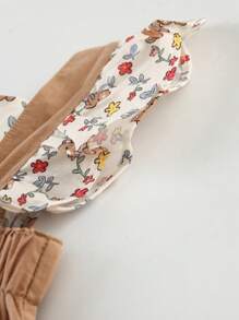 SHEIN Playful Pals Baby Girl Floral Overall Outfit, Sweet Adorable Teddy Bear & Tiny Flower Print Design, Perfect For Newborn Baby Photo Shoot, Korea/Japan Style