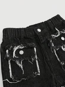 SHEIN 年轻男孩破洞 Y2k 街头酷炫原始边缘缝线宽松直筒牛仔裤带口袋，适合男孩春夏装街头服饰 - 黑色 - 查看 3