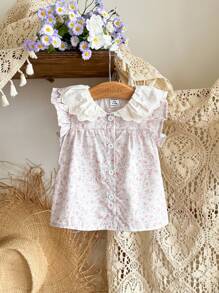 Vintaside Kids Baby Girl Peter Pan Collar Ditsy Floral Short Sleeve Top, Simple And Versatile Design, Perfect For Casual And Leisure Wear In Spring And Summer - Multicolor - View 4