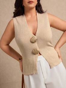 Elaquor 秋冬大码夏季休闲金属装饰针织背心 - 杏色 - 查看 5