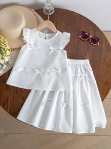 SHEIN 2pcs/Set Young Girl Fashion Cute 3D Bow Decor Round Neck Cap Sleeve Top And A-Line Skirt Suit, Versatile Daily Outfit Suitable For Spring/Summer, Vacation   Holiday  Travel  Summer  Relax