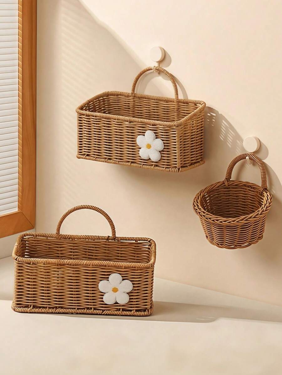 1-Pack Woven Rattan Storage Basket - Farmhouse Style Rustic Picnic & Wedding Decor, Wall-Mounted/Portible Organizer For Kitchen (Onions/Eggs/Snacks), Bathroom, Easter Display, Boho Plant Hanger With Mixed Metal Frame