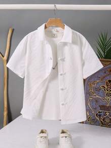 1 Piece Tween Boy Casual Sports College Artistic Style Retro White Lapel Shirt With Textured Fabric And Chinese Style Button Decoration Suitable For Back To School Suitable For Birthday Parties, Evening Parties, Performances, Weddings, Baptisms, Opening Ceremonies Daily Suitable For Daily Use Suitable For School Suitable For Travel Suitable For Sports Suitable For Spring And Summer Seasons Mother's Day/Mommy&Me - White - View 4