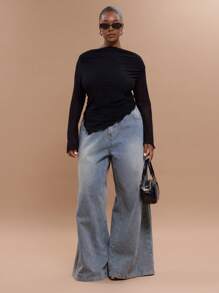 MUSERA Plus Size Off Shoulder Asymmetric Hem Fitted Ruched Sides Elegant Classy Cute Romantic Club Sexy Flared Sleeve Long Sleeved Top For Spring Summer Vacation Holiday Winter - Black - View 5