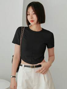 DAZY Slim Fit Patchwork Design Women's Short Sleeve T-Shirt, Summer,Crop Tops Women - Black - View 4