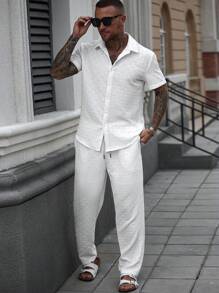 Manfinity CasualCool Completo casual da uomo, composto da camicia a maniche corte monopetto tinta unita e pantaloni - Bianco - Visualizzare 6