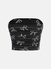 SHEIN Tween Girls Minimalistic Pattern Comfortable Ruched Elastic Fitted Black Tube Top - Black - View 2