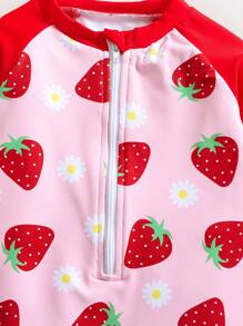 SHEIN Baby Girl Strawberry Print Raglan Sleeve One-Piece Rash Guard With Shorts - Multicolor - View 4