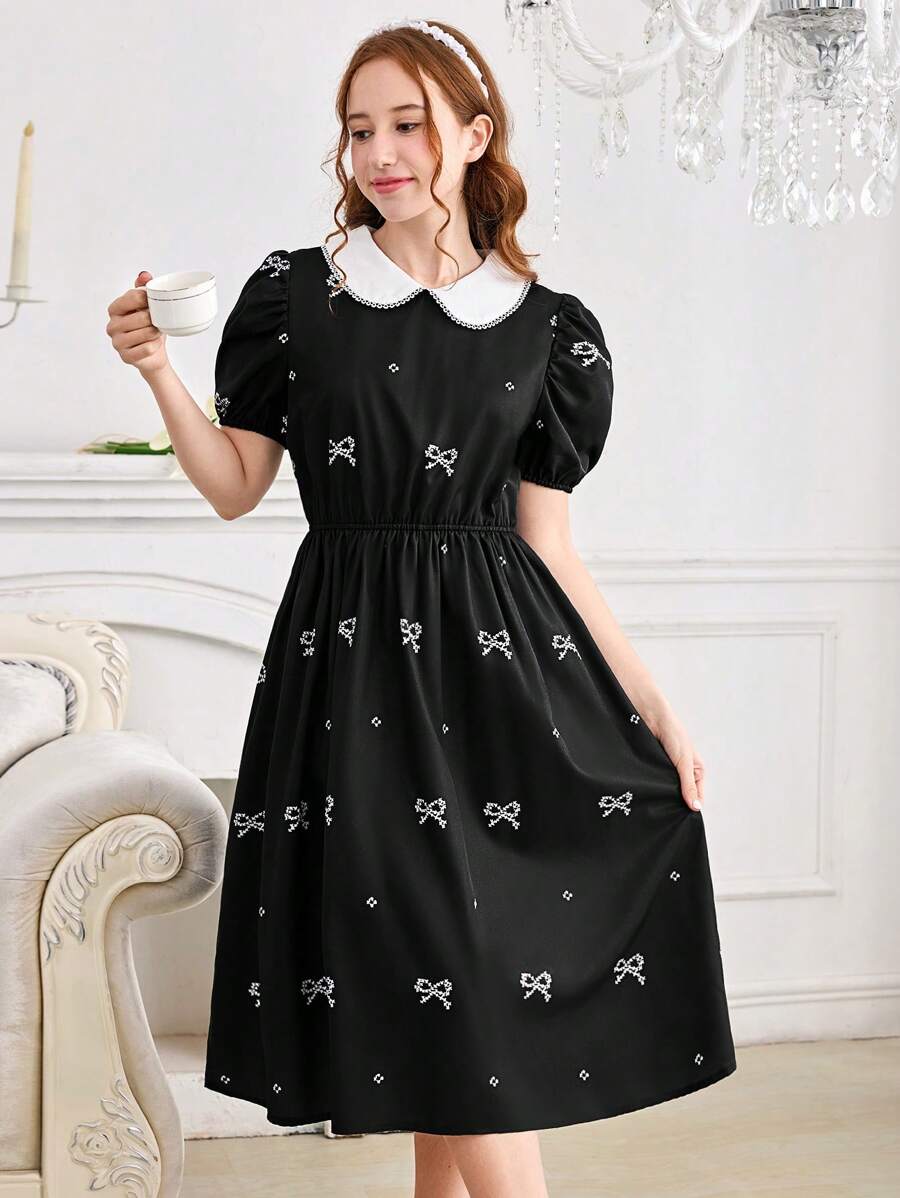 Teen Girl Elegant Sweet Bowknot Decor Black Mid-Length Dress, White Lace Collar Puff Sleeve Cinched Waist Midi Dress For Teenage Girls - Black - View 1