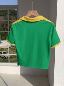 Comfortcana Camiseta ajustada de cuello polo con estampado de colores contrastantes en estilo vintage para mujer