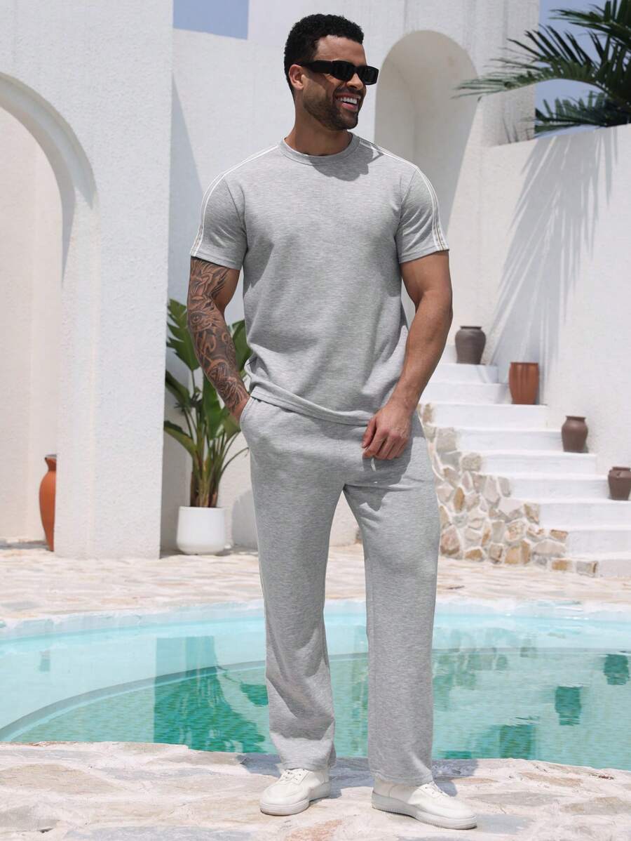DAZY Men's Side Contrast Tape T-Shirt Set - Light Grey - View 1