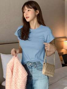DAZY Women Round Neck Solid Color Basic White Short Sleeve T-Shirt, Spring/Summer,Business Casual Women - Baby Blue - View 5