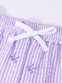 Sparklyn 青春期前女童粉色条纹蝴蝶结印花泡泡纹理腰部抽绳宽腿宽松裤 - 紫色 - 查看 7
