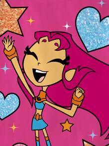 Teen Titans Go X SHEIN 年轻女孩心形和星星闪光印花卡通短袖休闲T恤，紫红色 - 白色 - 查看 4