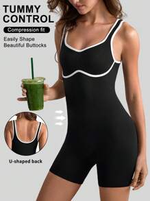 SHEIN Sports V-Neck Contrast Color Back-Lace Sports Jumpsuit For Women, Ribbed Shorts, Jumpsuit, Spring/Summer - Black - View 1