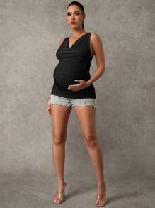 MaterniChic Maternity Casual Black Cowl Neck Sleeveless Ruched Knitted Cami Tank Top