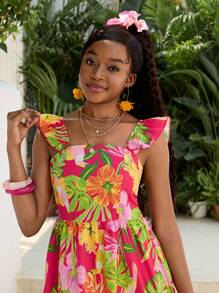 SHEIN Robe longue à col carré et manches courtes avec motif floral, robe d'été de vacances pour les adolescentes - Multicolore - Voir 5