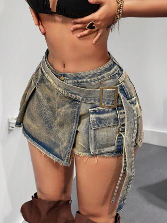 SHEIN ICON 女款工装口袋包边前摆毛边休闲牛仔短裙