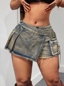 SHEIN ICON 女款工装口袋包边前摆毛边休闲牛仔短裙 - 藍色 - 查看 3