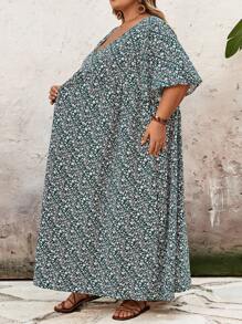 SHEIN CURVE+ 大码女式度假宽松碎花 V 领短袖娃娃裙教师裙、沙滩裙太阳裙、度假服装波西米亚风女士海滩服装/沙滩裙/海滩度假服装/海滩必备品/毕业/茶会礼服