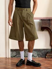 SWAVVY Pantalones cortos verdes anchos de verano con diseño plisado y bordado de unicolor para hombre, para el verano y la escuela