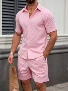 Manfinity RSRT Men's Jacquard Texture Short Sleeve Suit Set, Summer - Pink - View 3