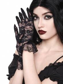 ROMWE Kawaii 1 Pair Women Rose Bride Style Black Lace Short Full Finger Gloves, Suitable For All Seasons - Black - View 2