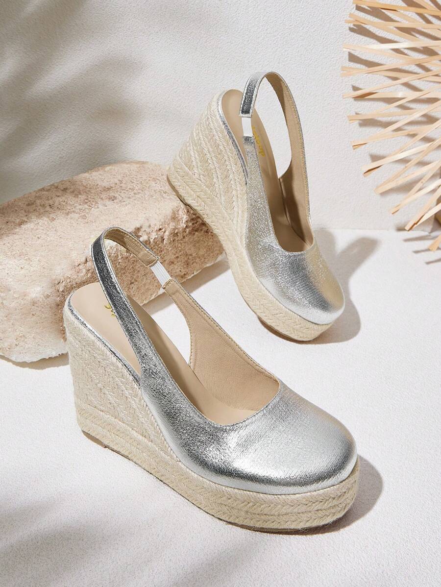Styleloop Sandalias de plataforma y cuña de cuerda trenzada para mujer, estilo vacacional BOHO chic, retro, de música country americana, para festivales - Plateado - Ver 1