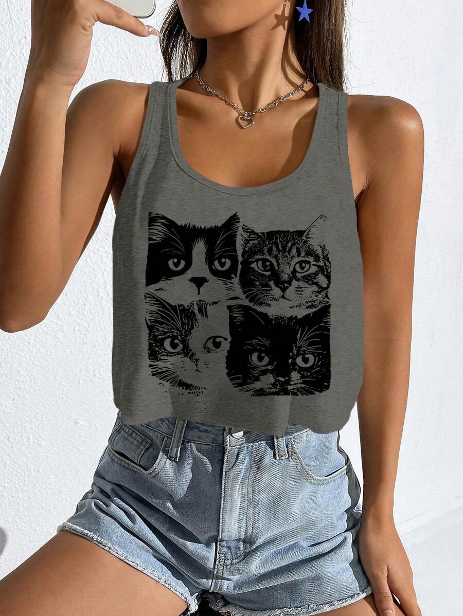 SHEIN EZwear Women Loose Casual Cat Pattern U-Neck Cropped Tank Top, Suitable For Summer Back To School - Grey - View 1