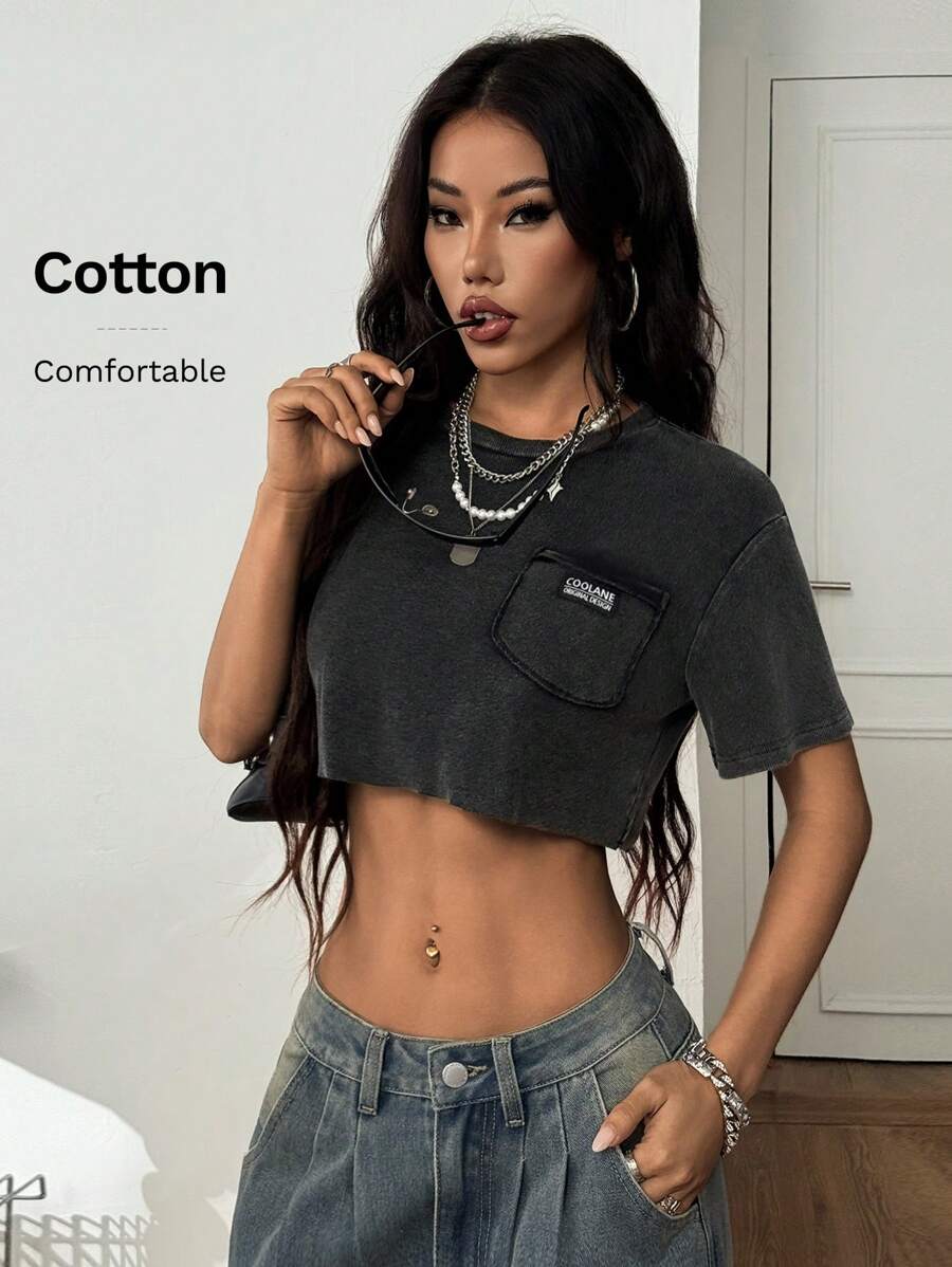 Coolane 女士春夏节日街头服饰外出复古 Y2K 脏脏圆领短款 T 恤 - 黑色 - 查看 1
