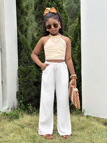 SHEIN Tween Girl Ruched Texture Chiffon Drawstring Waist Pocketed Loose Wide Leg White Pants
